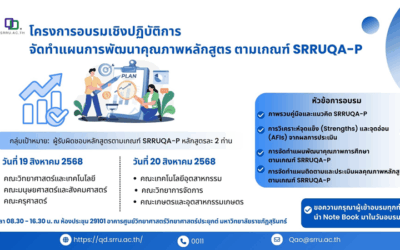 ขอเรียนเชิญผู้รับผิดชอบหลักสูตรเข้าร่วมอบรมเชิงปฏิบัติการจัดทำแผนการพัฒนาคุณภาพหลักสูตร ตามเกณฑ์ SRRUQA-P วันที่19-20สิงหาคมนี้